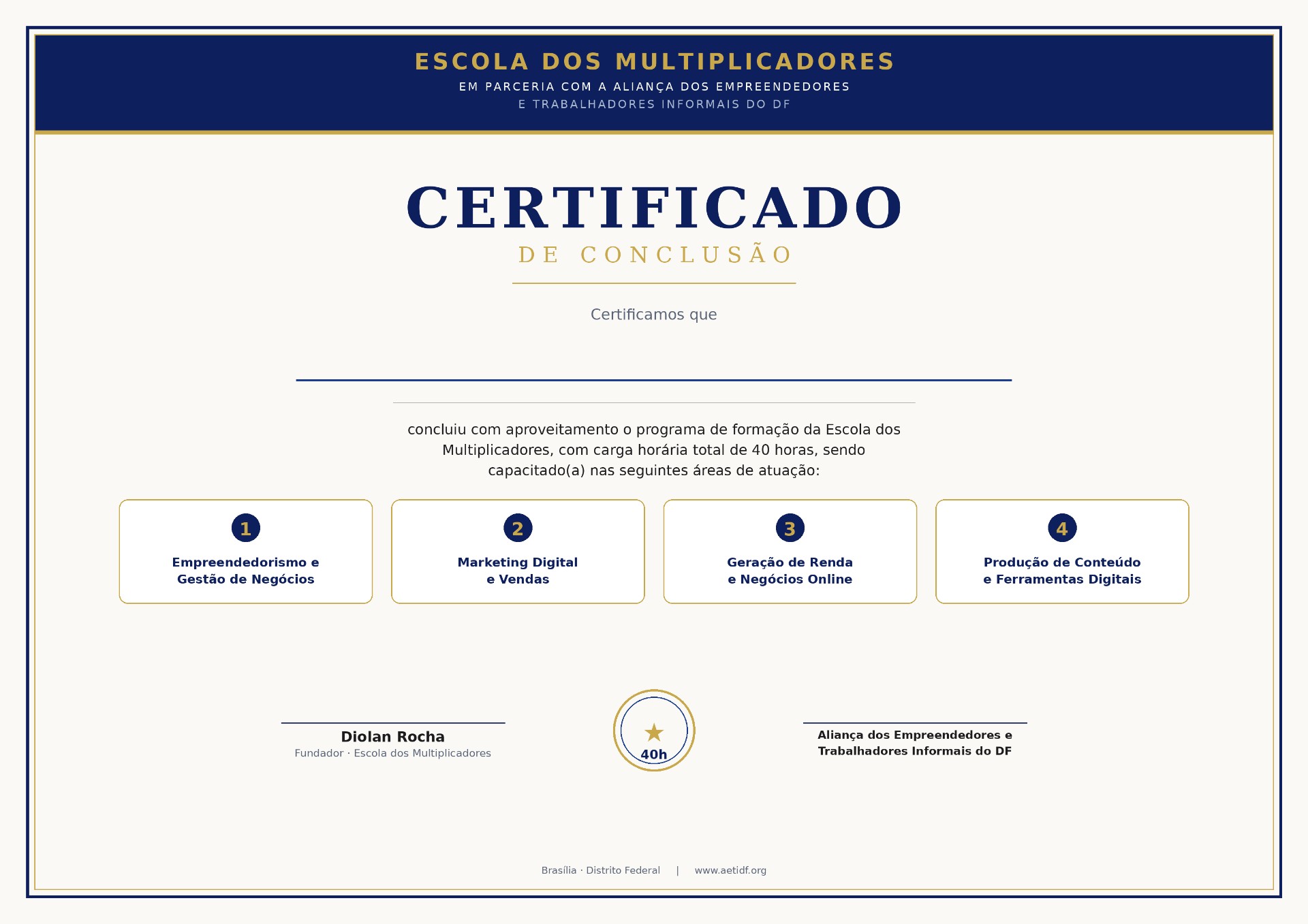 Certificado de conclusão de 40 horas da Escola dos Multiplicadores